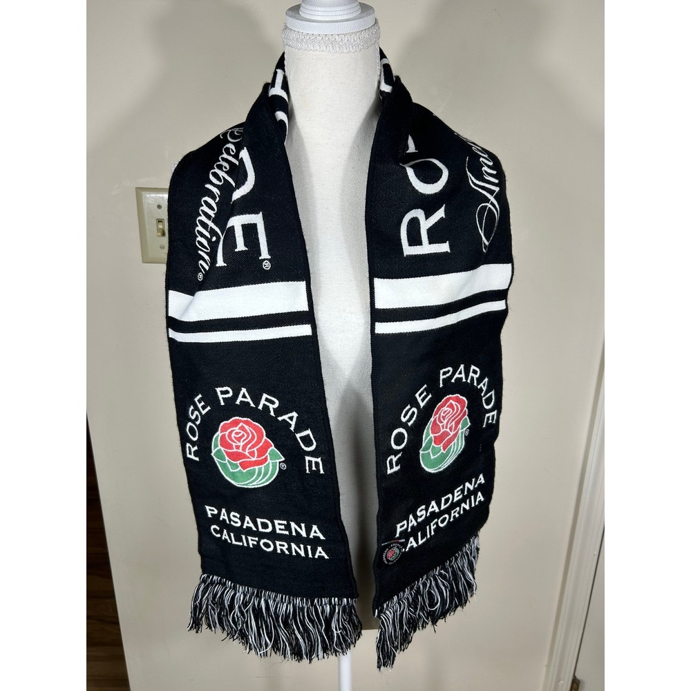 Tournament of Roses Rose Parade Scarf Black White Souvenir Knit Fringe Americana